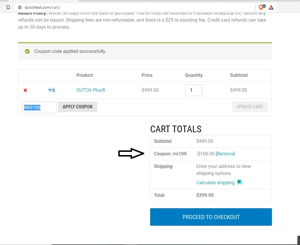 DUTCH Test checkout page showing DUTCH Test coupon code box | Screenshot taken by SimplyCodes community member on Apr 7, 2021