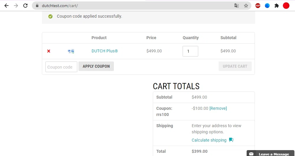 DUTCH Test checkout page showing DUTCH Test coupon code box | Screenshot taken by SimplyCodes community member on May 6, 2021