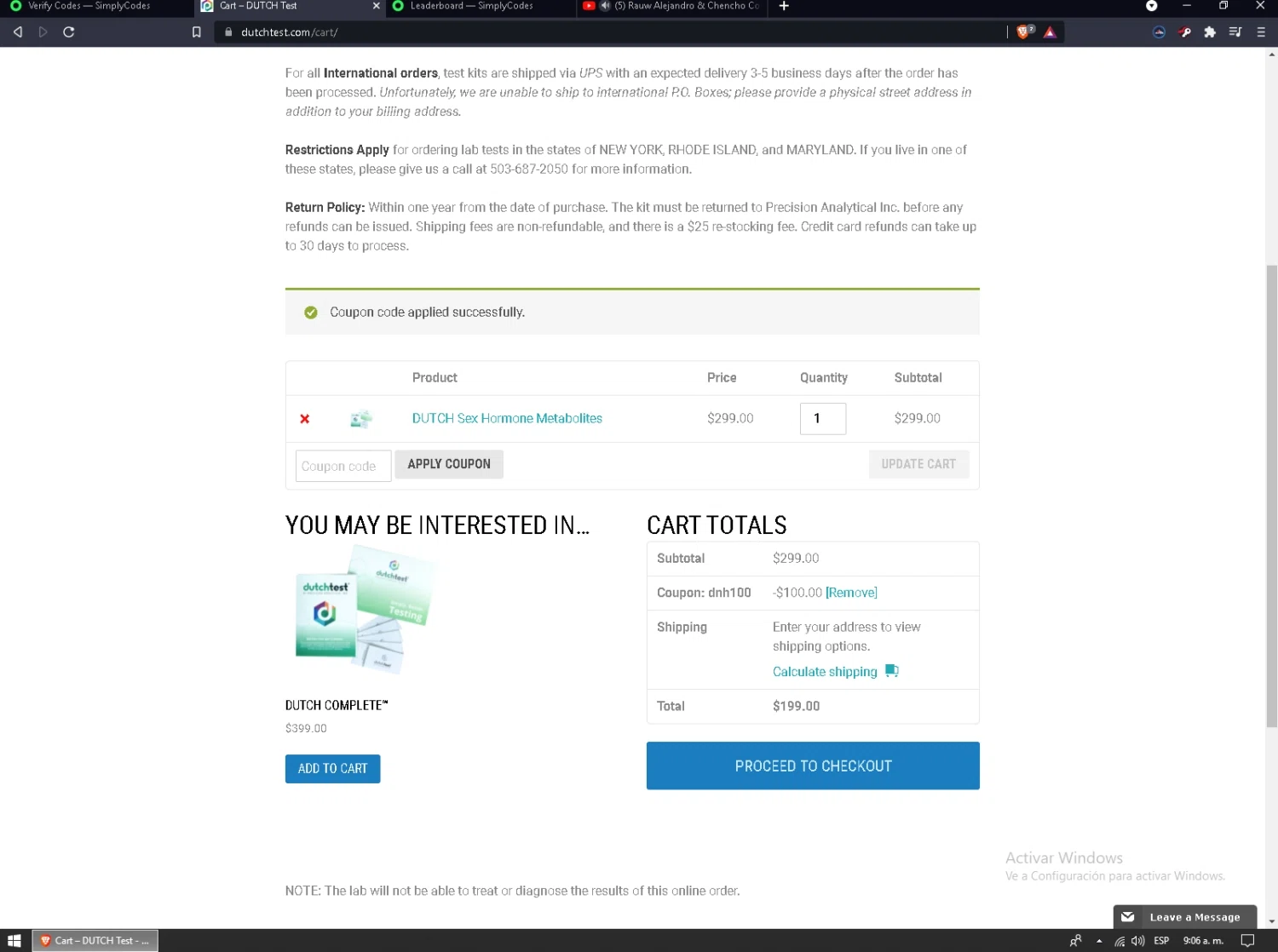 DUTCH Test checkout page showing DUTCH Test coupon code box | Screenshot taken by SimplyCodes community member on Sep 24, 2021