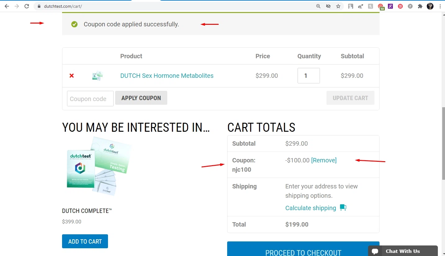 DUTCH Test checkout page showing DUTCH Test coupon code box | Screenshot taken by SimplyCodes community member on Aug 26, 2021