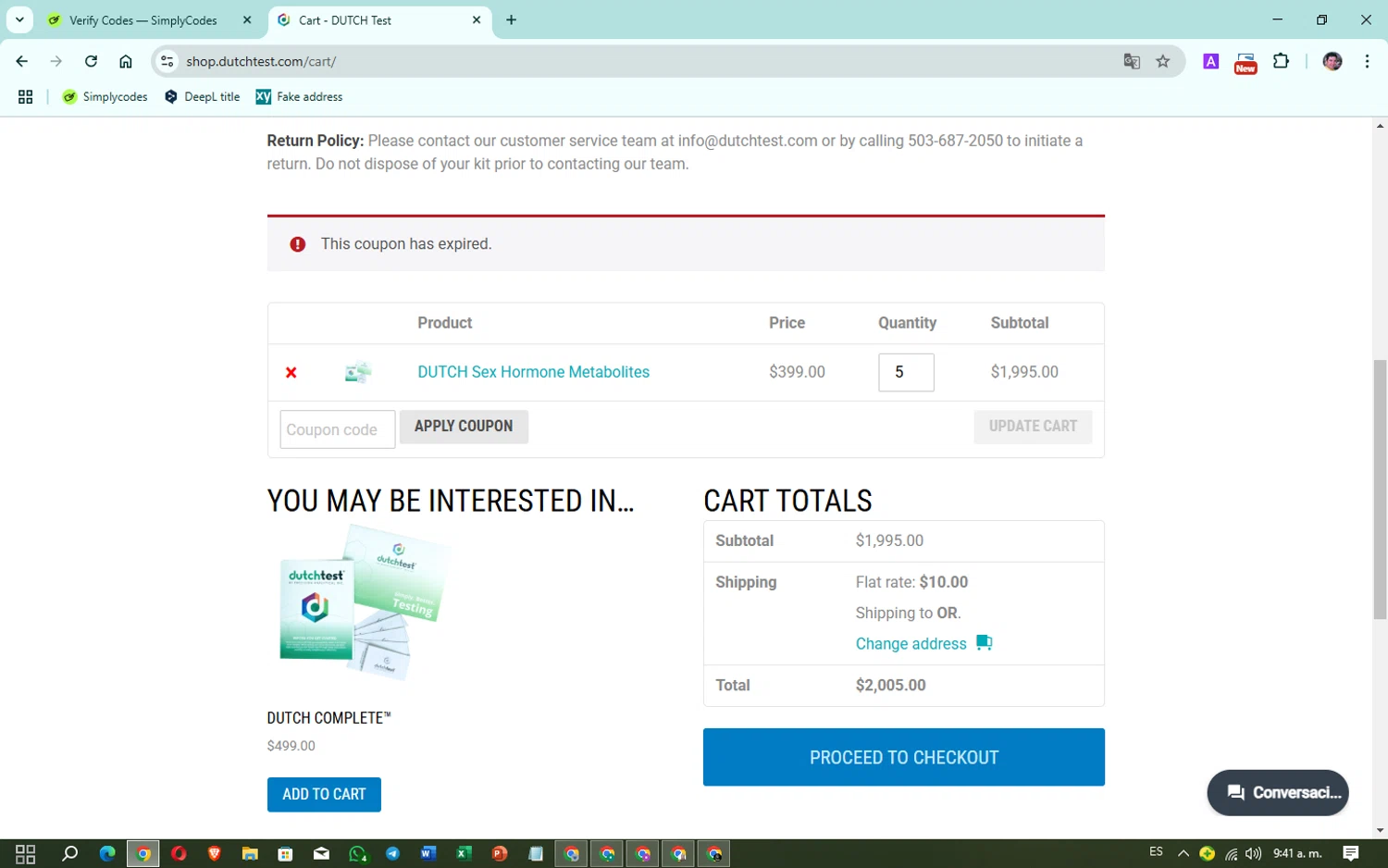 DUTCH Test coupon code screenshot showing code SBIC100 applied at DUTCH Test checkout page. Uploaded by SimplyCodes community member Atlanta on Mar 4, 2025