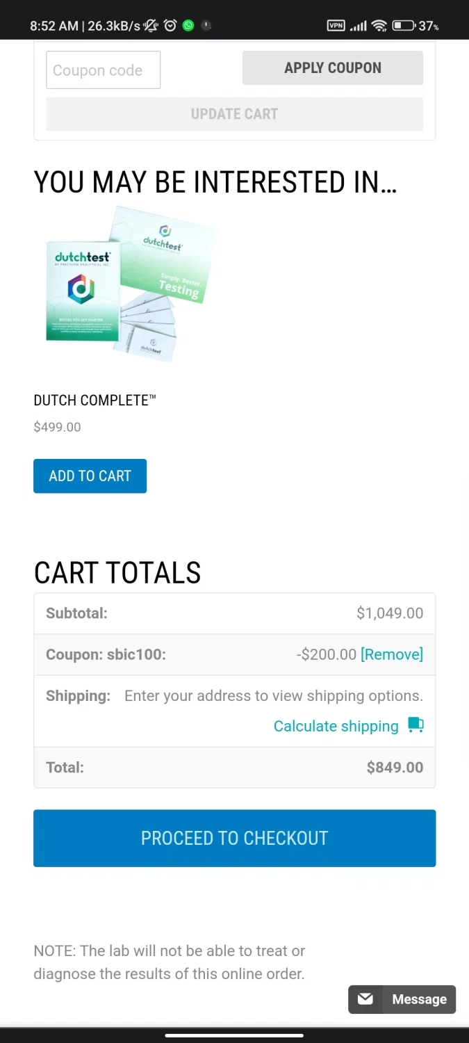 DUTCH Test checkout page showing DUTCH Test coupon code box | Screenshot taken by SimplyCodes community member on Aug 19, 2022