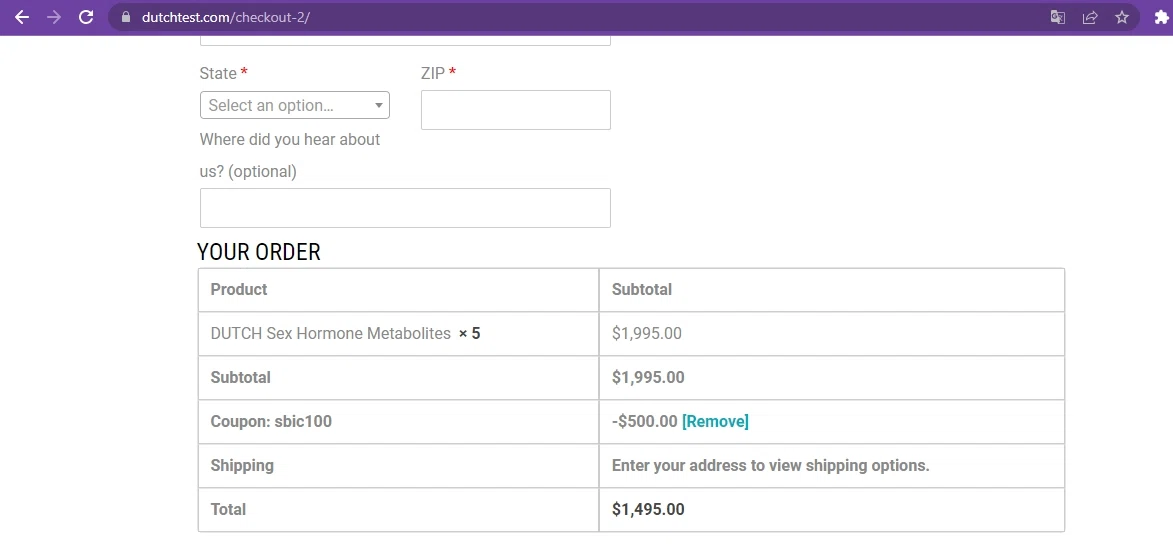 DUTCH Test checkout page showing DUTCH Test coupon code box | Screenshot taken by SimplyCodes community member on Jul 21, 2022
