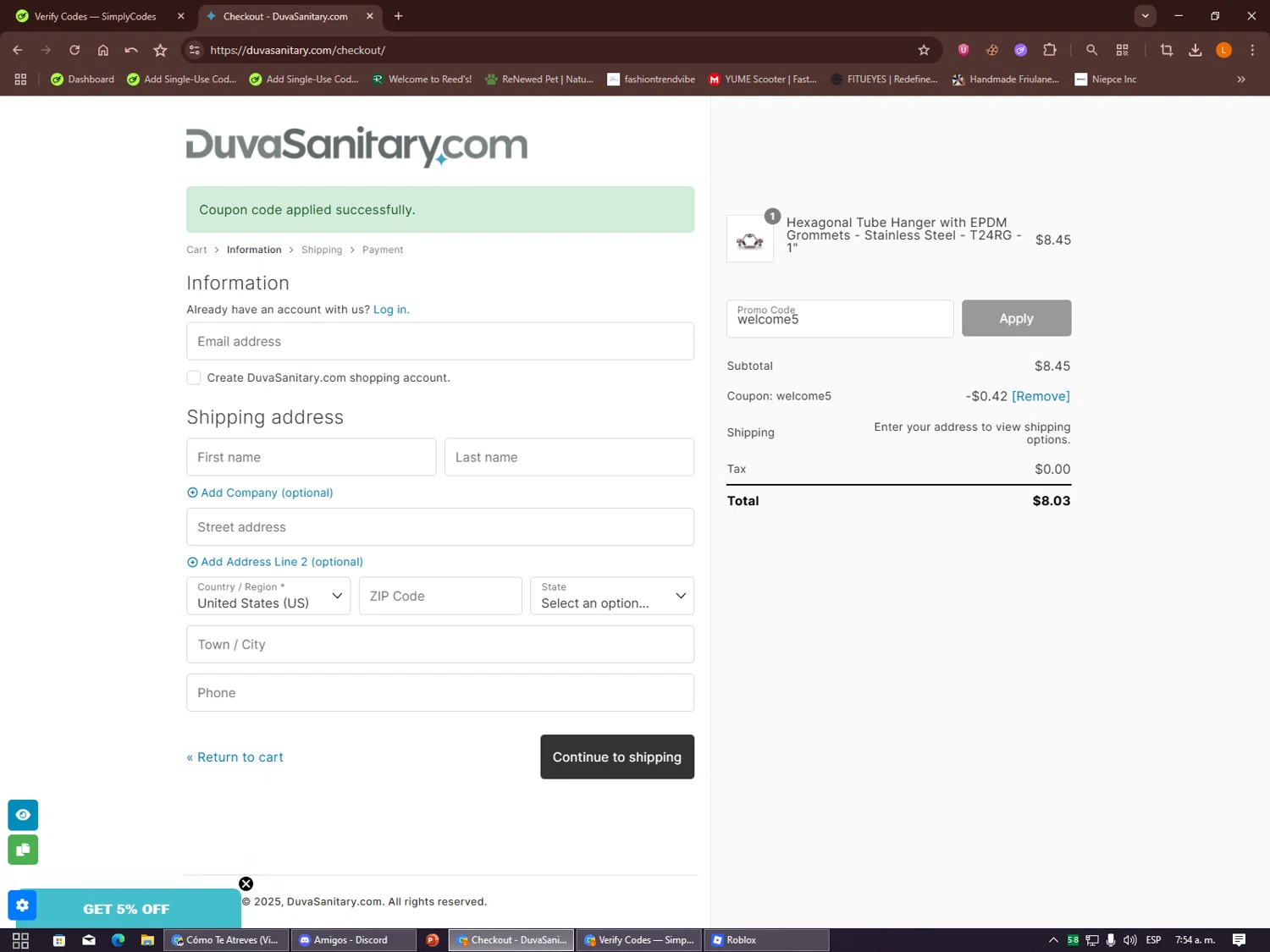 Duva Sanitary promo code screenshot showing code welcome5 applied at Duva Sanitary checkout page. Uploaded by SimplyCodes community member Alalee on Dec 17, 2025