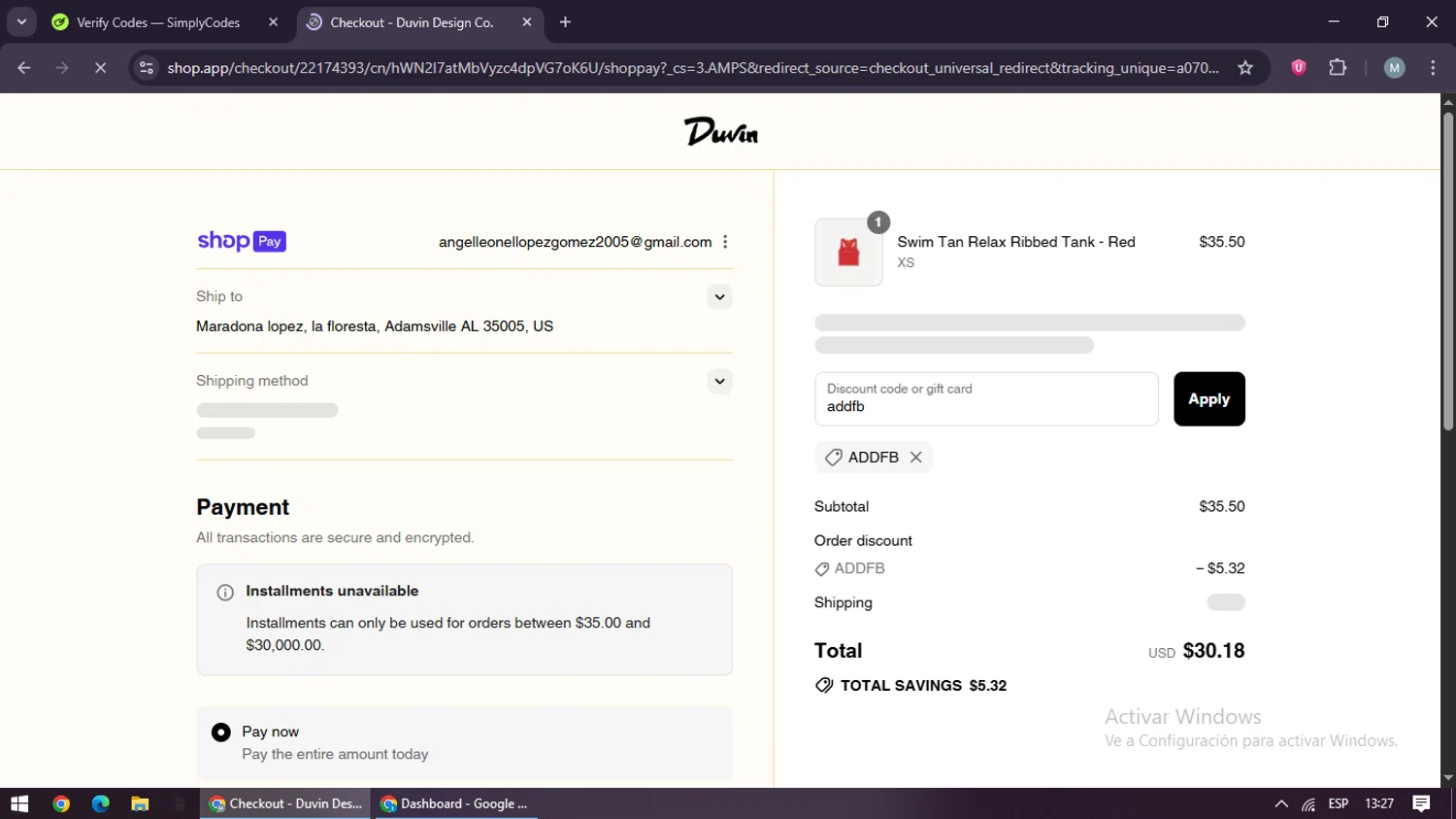 Duvin Design coupon code screenshot showing code addfb applied at Duvin Design checkout page. Uploaded by SimplyCodes community member maraxo on Aug 27, 2025