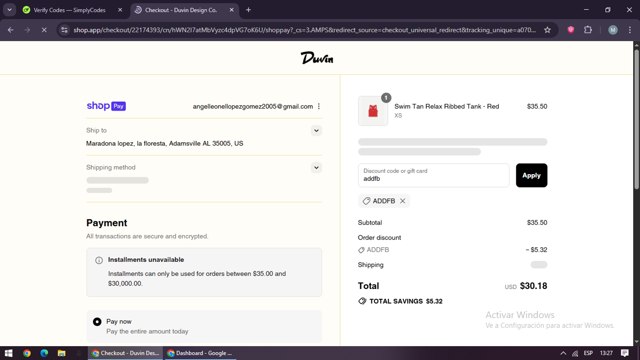 Duvin Design checkout page showing Duvin Design coupon code box | Screenshot taken by SimplyCodes community member on Aug 27, 2025