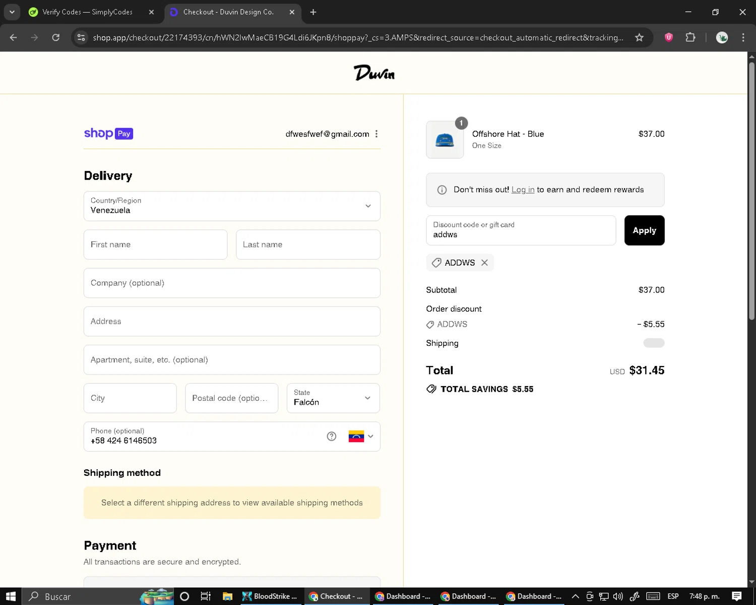 Duvin Design coupon code screenshot showing code addws applied at Duvin Design checkout page. Uploaded by SimplyCodes community member RebateCaptain6440 on Aug 28, 2025