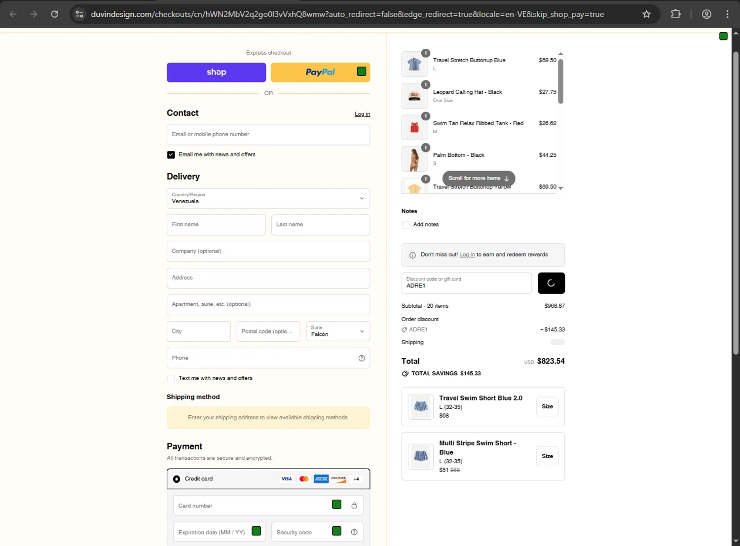 Duvin Design coupon code screenshot showing code ADRE1 applied at Duvin Design checkout page. Uploaded by SimplyCodes community member MAHORAGA on Aug 29, 2025