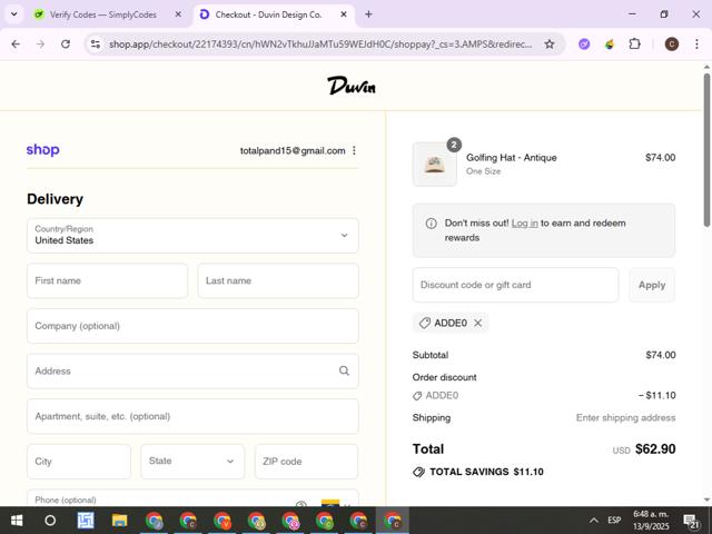 Duvin Design checkout page showing Duvin Design coupon code box | Screenshot taken by SimplyCodes community member on Sep 13, 2025