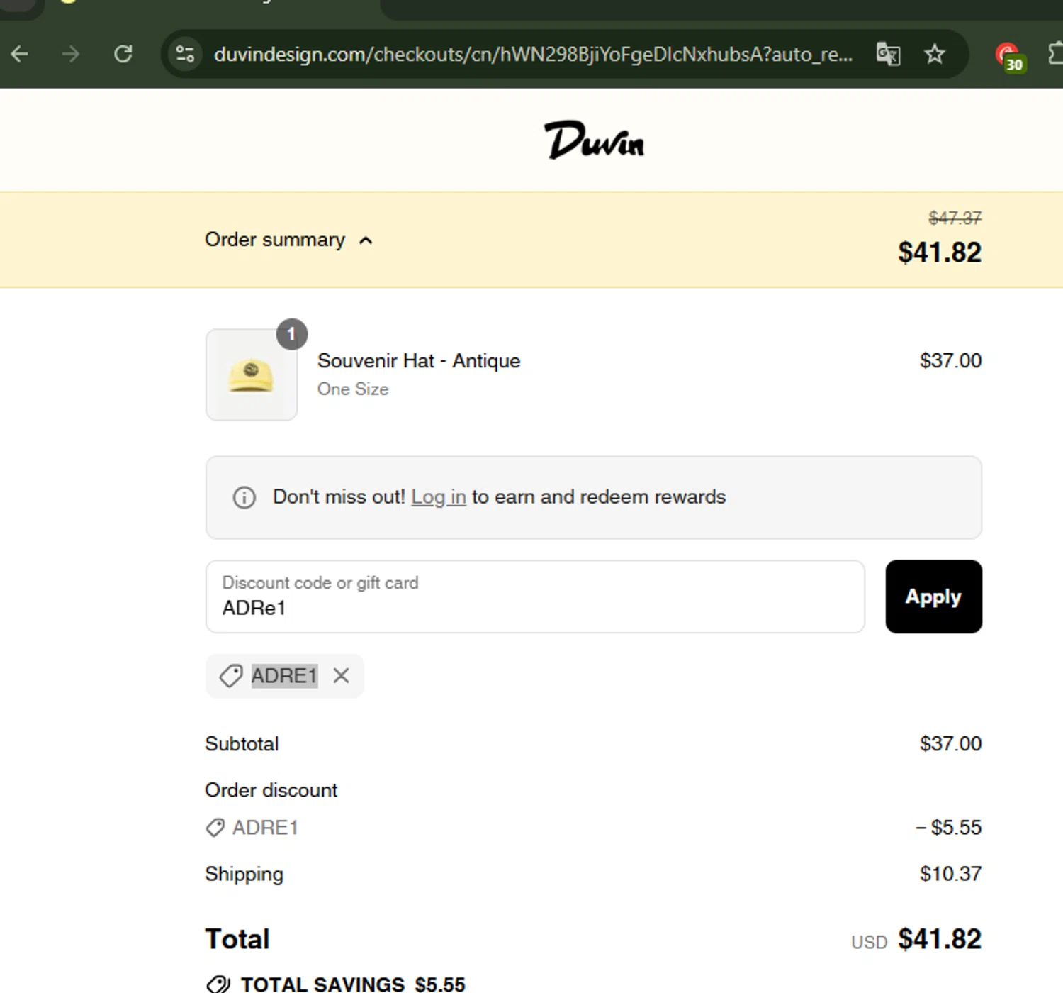 Duvin Design coupon code screenshot showing code ADRE1 applied at Duvin Design checkout page. Uploaded by SimplyCodes community member CoinWhiz5156 on Aug 29, 2025