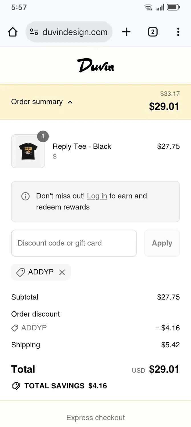 Duvin Design coupon code screenshot showing code ADDYP applied at Duvin Design checkout page. Uploaded by SimplyCodes community member franksanchez on Aug 29, 2025