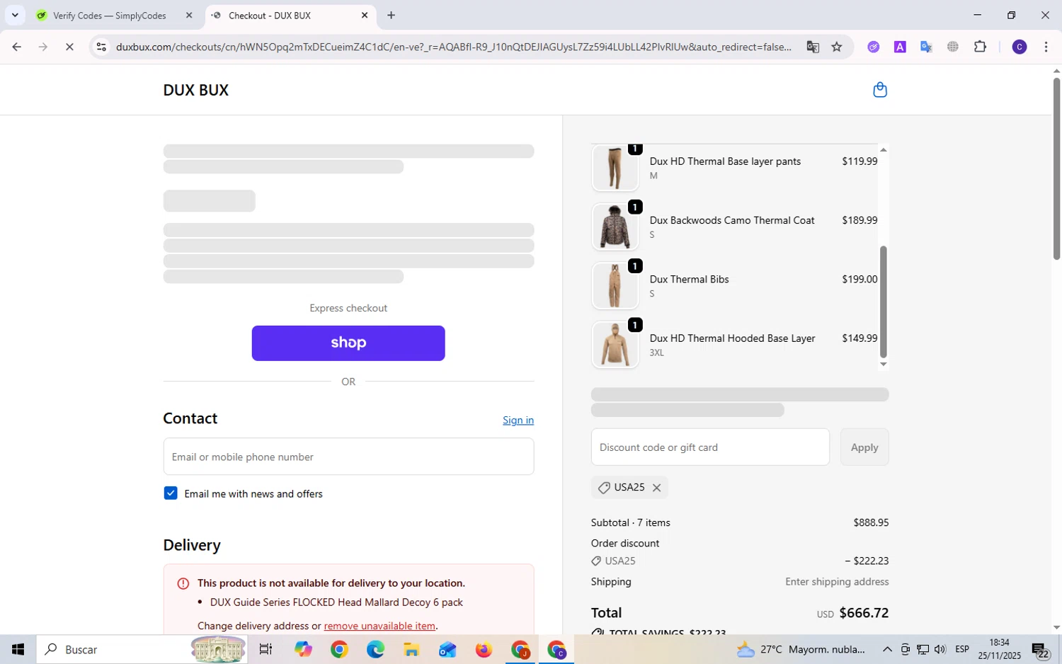 DUX BUX discount code screenshot showing code usa25 applied at DUX BUX checkout page. Uploaded by SimplyCodes community member Elvistrofia on Nov 25, 2025