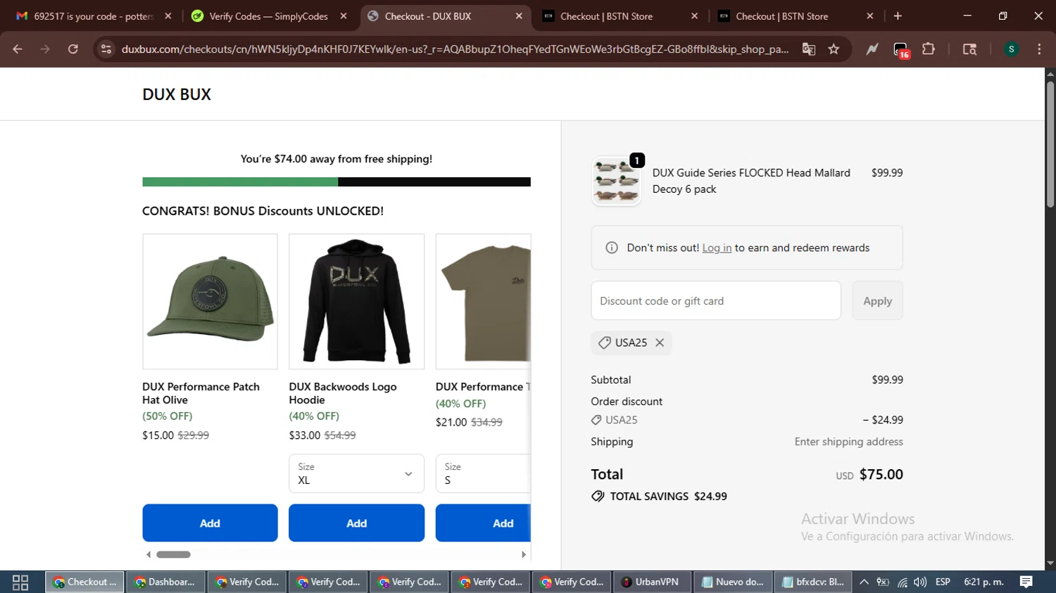DUX BUX discount code screenshot showing code usa25 applied at DUX BUX checkout page. Uploaded by SimplyCodes community member ShrewdAce7935 on Nov 26, 2025