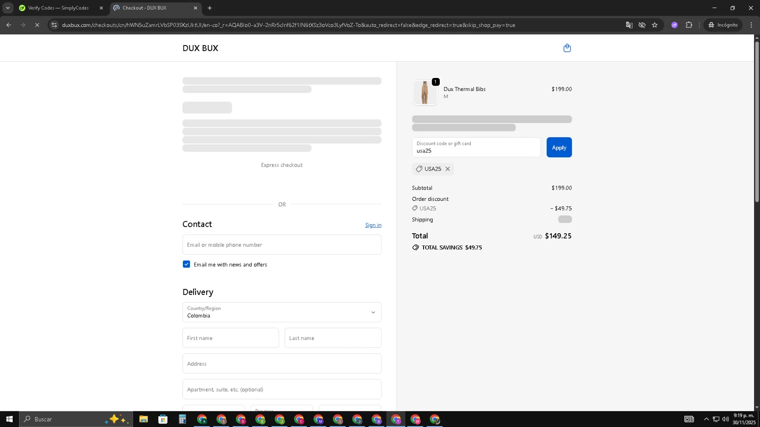DUX BUX discount code screenshot showing code usa25 applied at DUX BUX checkout page. Uploaded by SimplyCodes community member ShrewdSleuth9497 on Dec 1, 2025