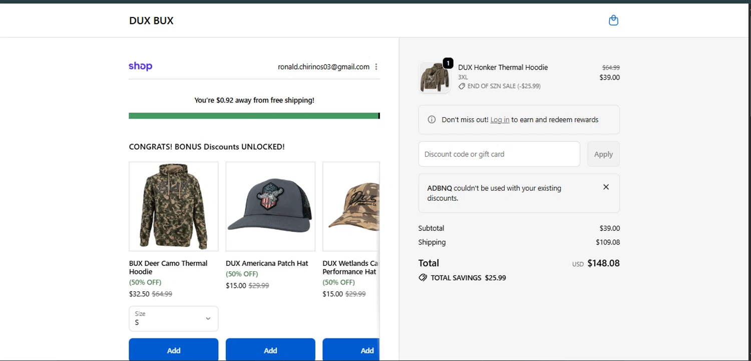 DUX BUX checkout page showing DUX BUX discount code box | Screenshot taken by SimplyCodes community member on Feb 14, 2026