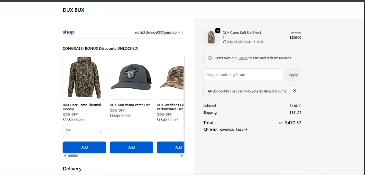 DUX BUX checkout page showing DUX BUX discount code box | Screenshot taken by SimplyCodes community member on Feb 14, 2026