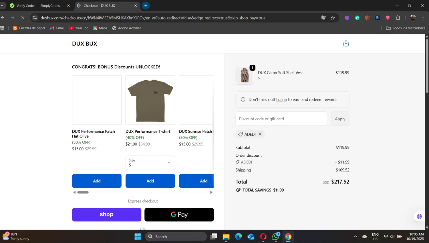 DUX BUX discount code screenshot showing code ADEDI applied at DUX BUX checkout page. Uploaded by SimplyCodes community member naimbethak on Oct 19, 2025