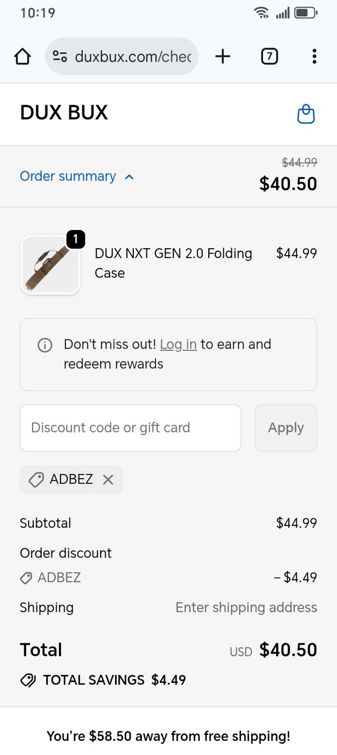 DUX BUX discount code screenshot showing code ADBEZ applied at DUX BUX checkout page. Uploaded by SimplyCodes community member franksanchez on Sep 28, 2025