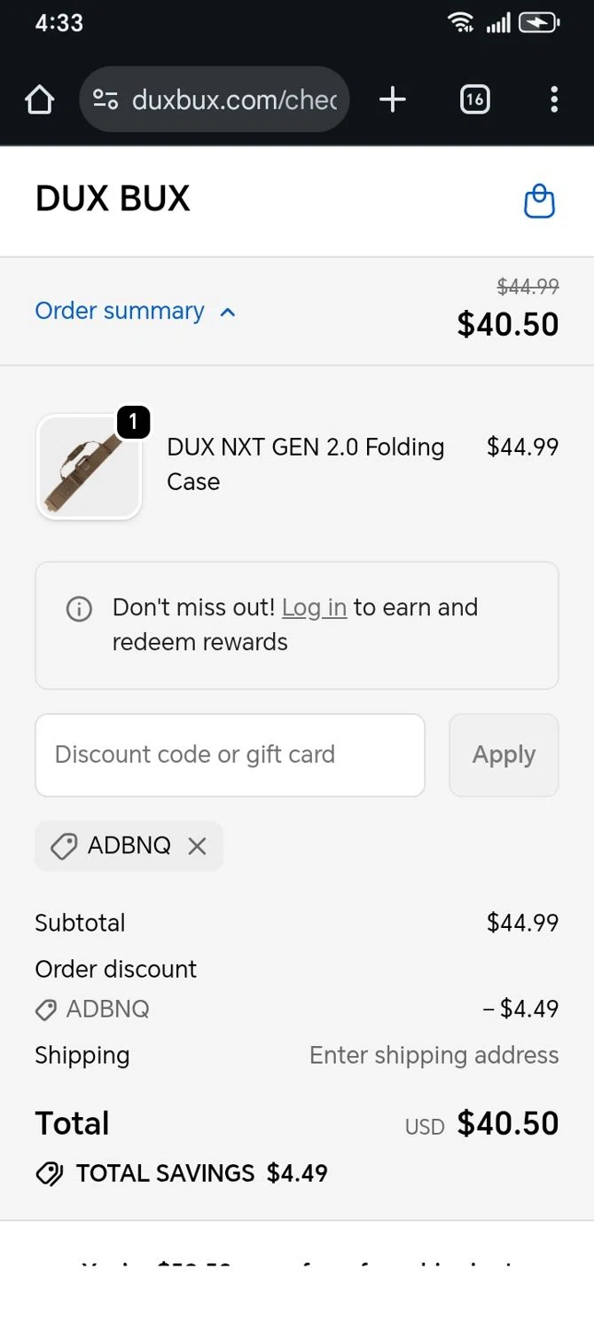 DUX BUX discount code screenshot showing code ADBNQ applied at DUX BUX checkout page. Uploaded by SimplyCodes community member franksanchez on Oct 14, 2025