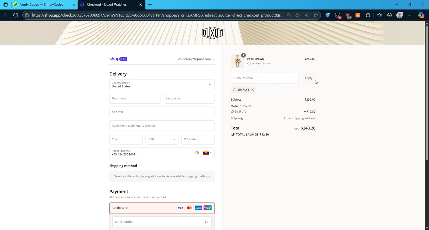 Duxot Watches promo code screenshot showing code SIMPLY5 applied at Duxot Watches checkout page. Uploaded by SimplyCodes community member DonutPunks on Aug 9, 2025
