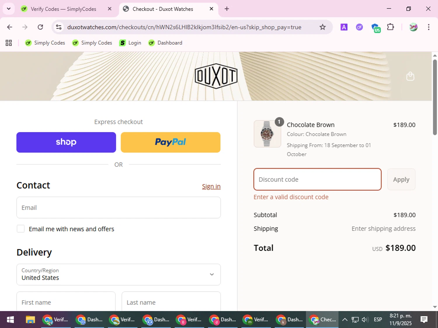 Duxot Watches promo code screenshot showing code SERENATA20 applied at Duxot Watches checkout page. Uploaded by SimplyCodes community member SilverExpert5694 on Sep 12, 2025
