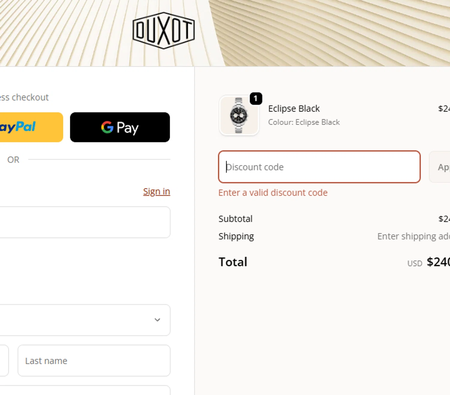 Duxot Watches promo code screenshot showing code tiburon20 applied at Duxot Watches checkout page. Uploaded by SimplyCodes community member Dejadepicharme on Oct 22, 2025