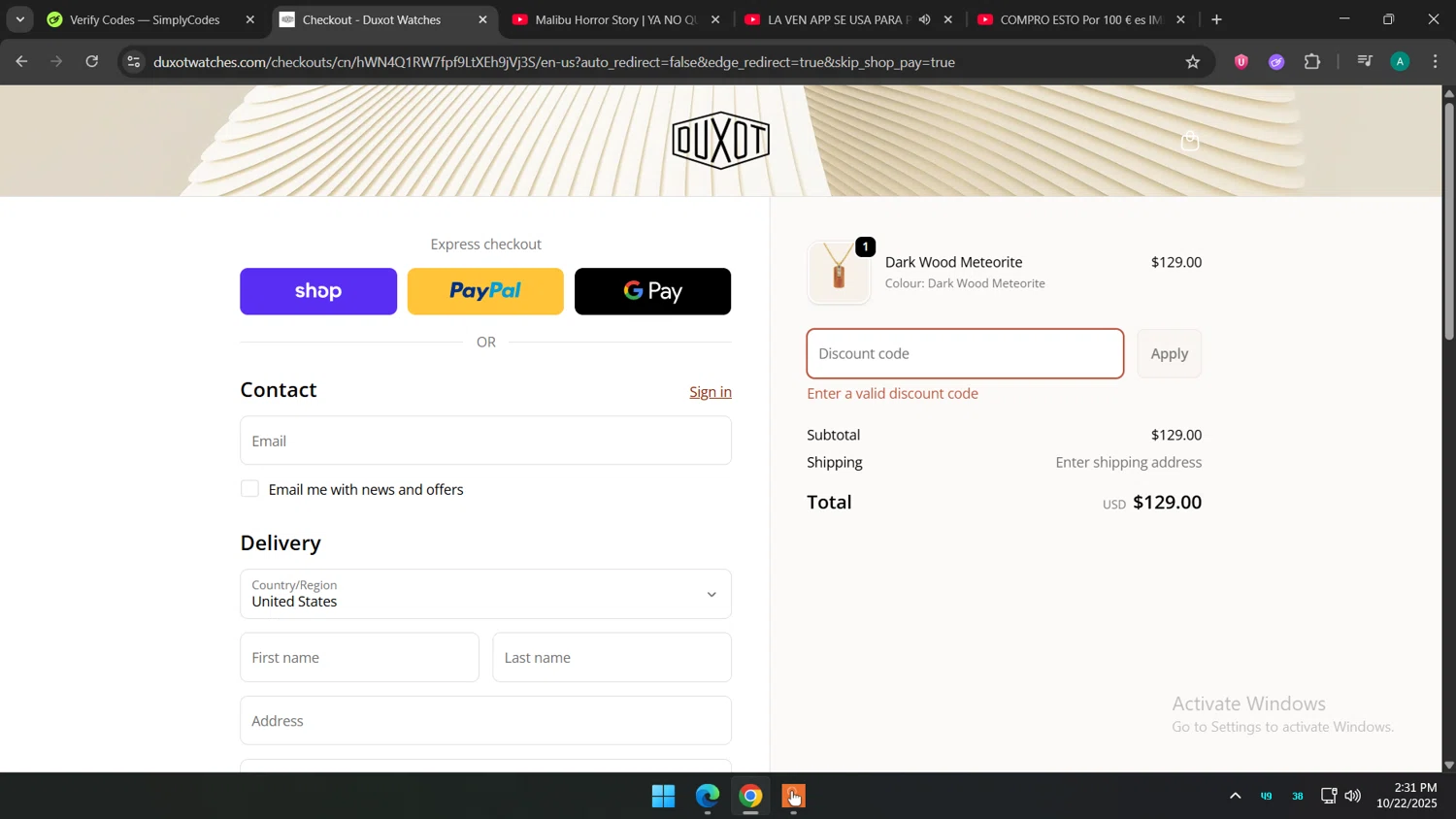 Duxot Watches promo code screenshot showing code tiburon20 applied at Duxot Watches checkout page. Uploaded by SimplyCodes community member Holadiablo on Oct 22, 2025