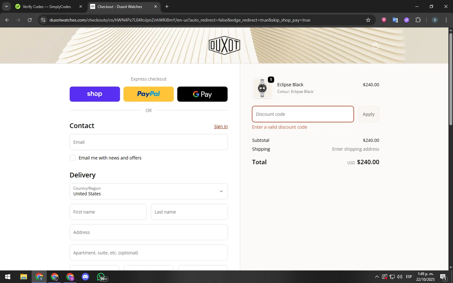 Duxot Watches promo code screenshot showing code tiburon20 applied at Duxot Watches checkout page. Uploaded by SimplyCodes community member youngchecker2 on Oct 22, 2025