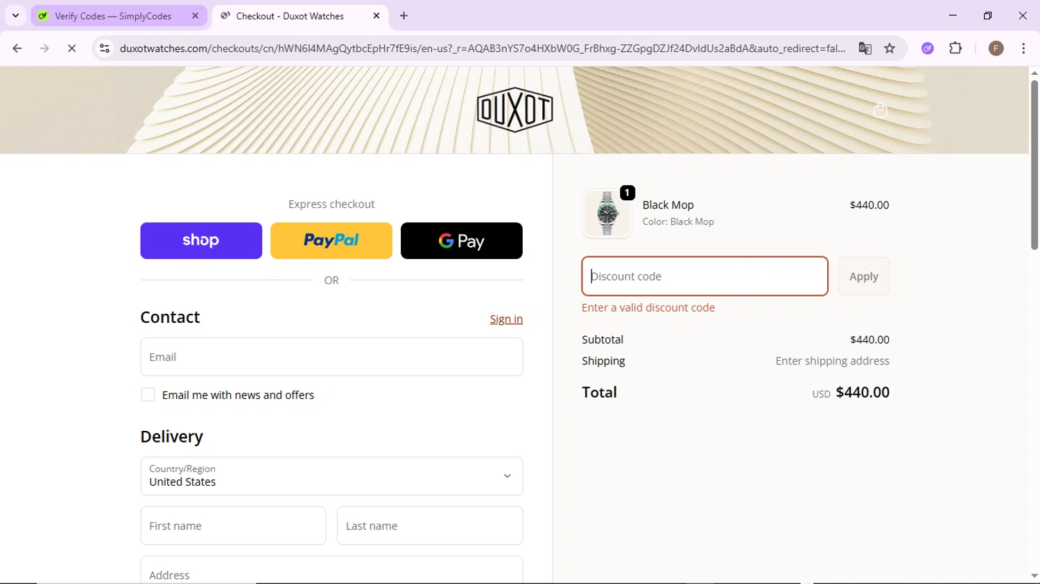 Duxot Watches promo code screenshot showing code rainbow20 applied at Duxot Watches checkout page. Uploaded by SimplyCodes community member CashLion2660 on Dec 23, 2025