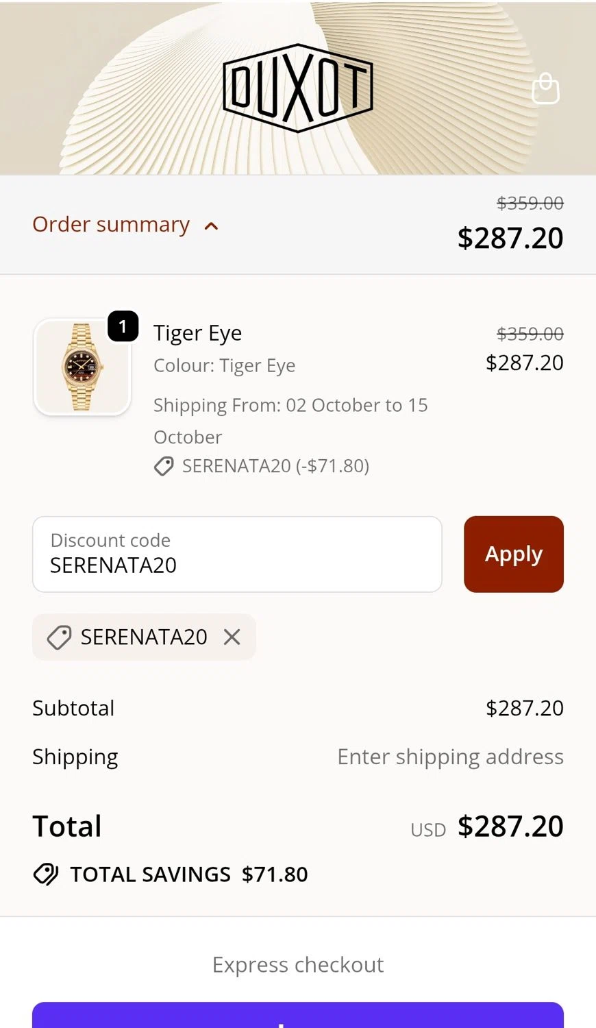 Duxot Watches promo code screenshot showing code SERENATA20 applied at Duxot Watches checkout page. Uploaded by SimplyCodes community member JuanMonge on Sep 25, 2025