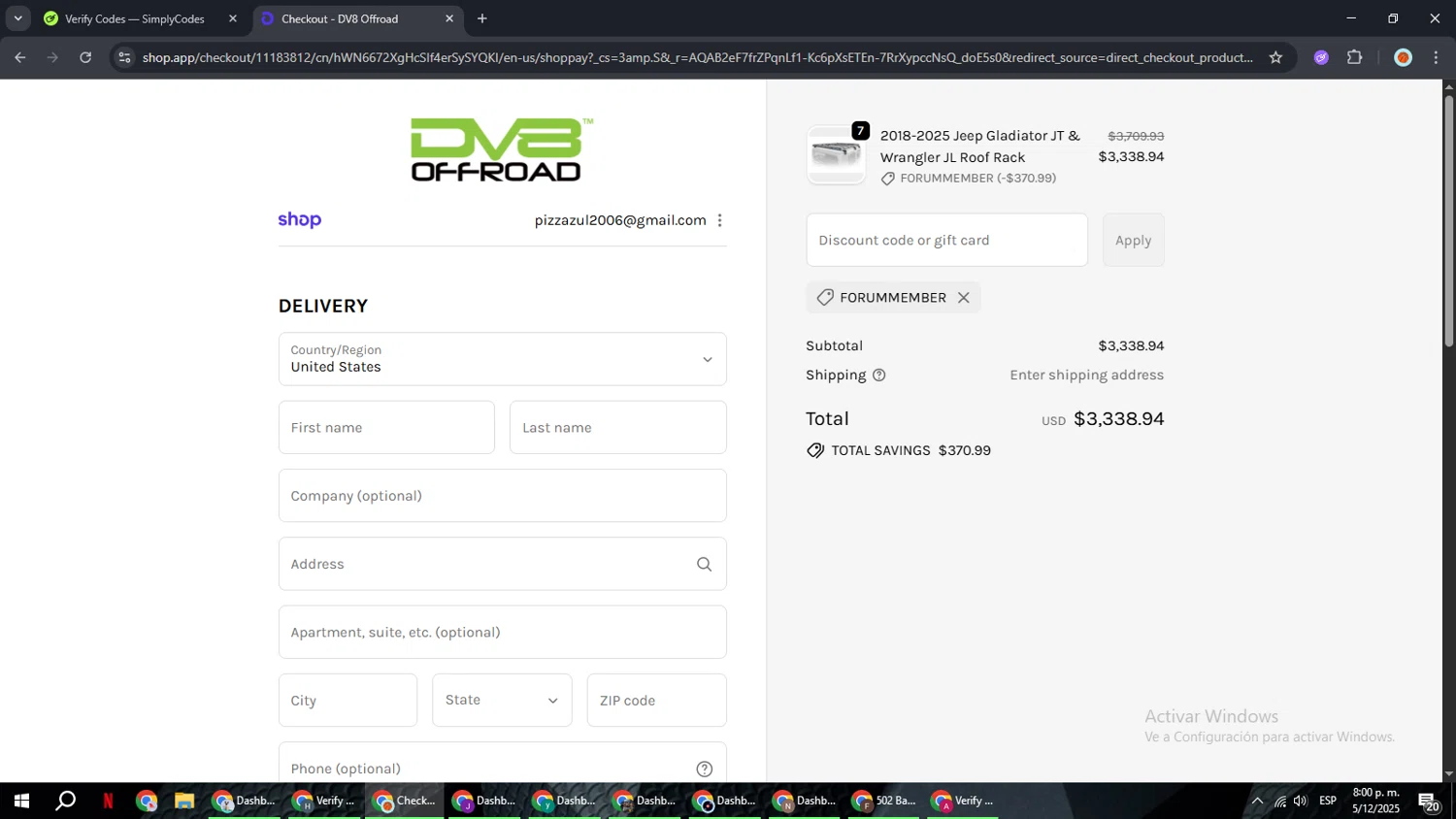 DV8 Offroad discount code screenshot showing code ForumMember applied at DV8 Offroad checkout page. Uploaded by SimplyCodes community member BonusCaptain9927 on Dec 6, 2025