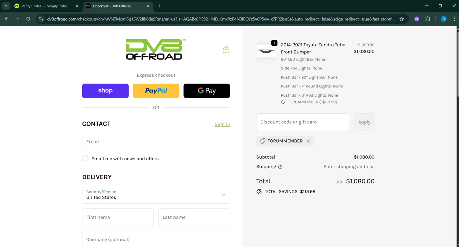 DV8 Offroad discount code screenshot showing code ForumMember applied at DV8 Offroad checkout page. Uploaded by SimplyCodes community member GoldChaser6627 on Jan 8, 2026