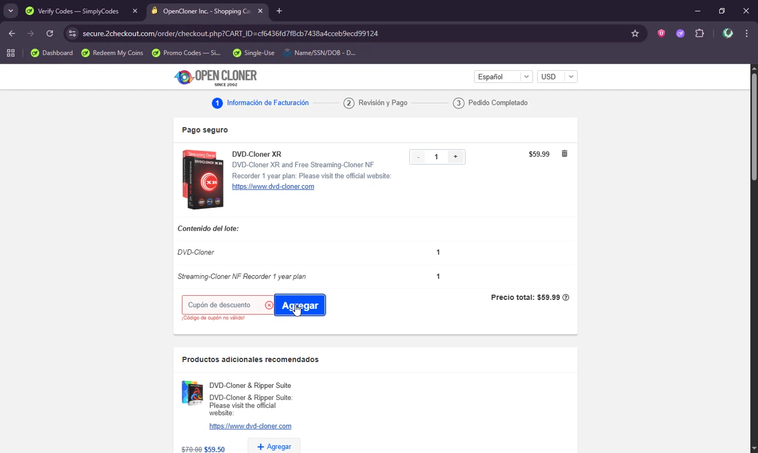 DVD-Cloner promo code screenshot showing code WSVCWALW5S applied at DVD-Cloner checkout page. Uploaded by SimplyCodes community member BudgetWizard6950 on Oct 12, 2025