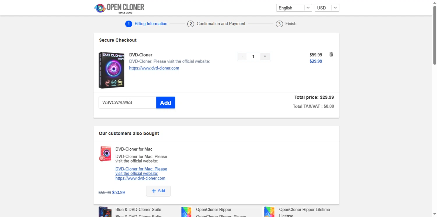 DVD-Cloner checkout page showing DVD-Cloner promo code box | Screenshot taken by SimplyCodes community member on Jun 10, 2025