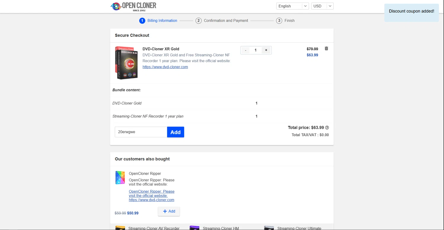 DVD-Cloner promo code screenshot showing code 20erwgwe applied at DVD-Cloner checkout page. Uploaded by SimplyCodes community member vctr7w7x on Oct 14, 2025