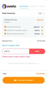 SFBF25 coupon verification screenshot
