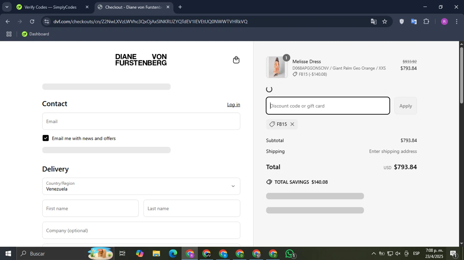 DVF coupon code screenshot showing code FB15 applied at DVF checkout page. Uploaded by SimplyCodes community member Datacodes on Apr 23, 2025