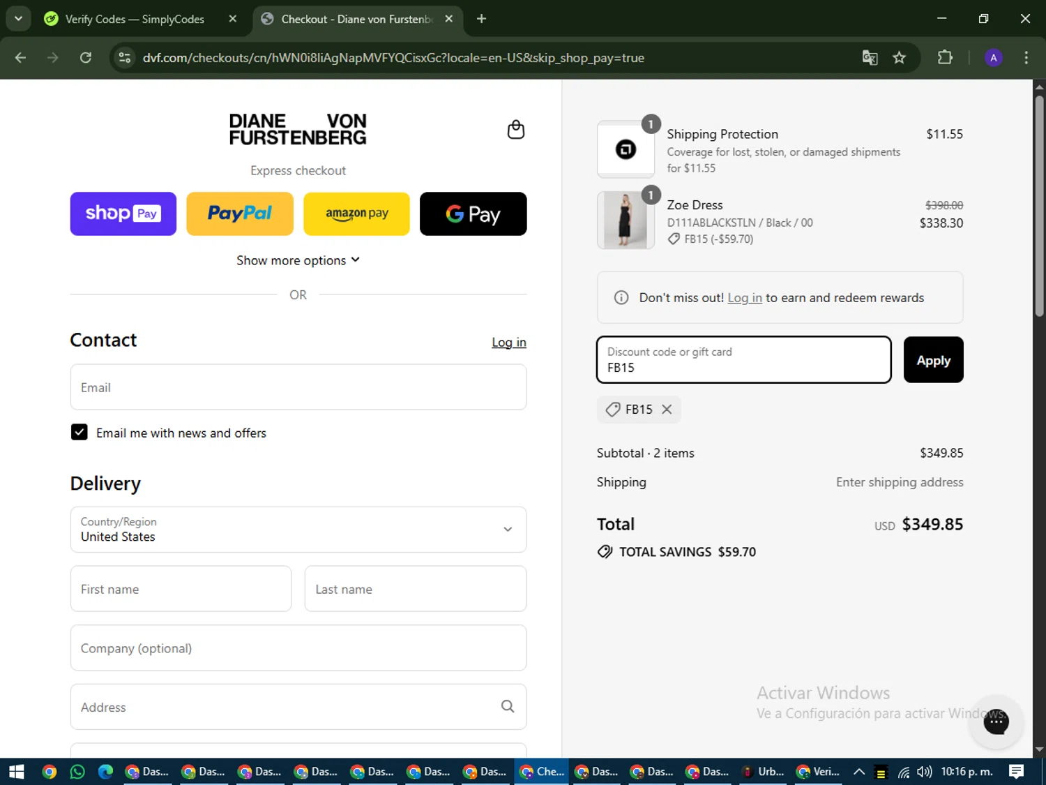 DVF coupon code screenshot showing code FB15 applied at DVF checkout page. Uploaded by SimplyCodes community member MagnificentWarden4603 on Jul 17, 2025
