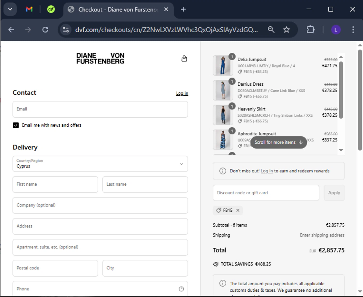 DVF coupon code screenshot showing code FB15 applied at DVF checkout page. Uploaded by SimplyCodes community member CoinElite8726 on Mar 11, 2025