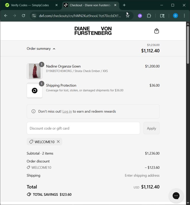DVF checkout page showing DVF coupon code box | Screenshot taken by SimplyCodes community member on Aug 28, 2025