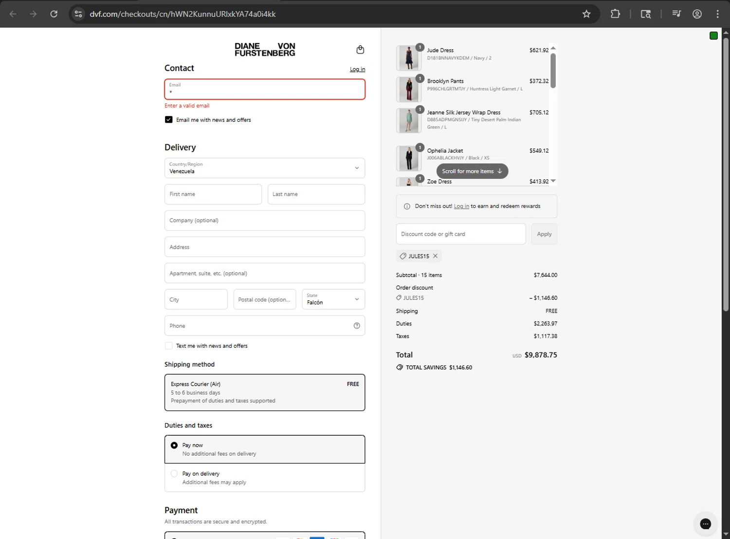 DVF coupon code screenshot showing code jules15 applied at DVF checkout page. Uploaded by SimplyCodes community member megagei on Aug 28, 2025