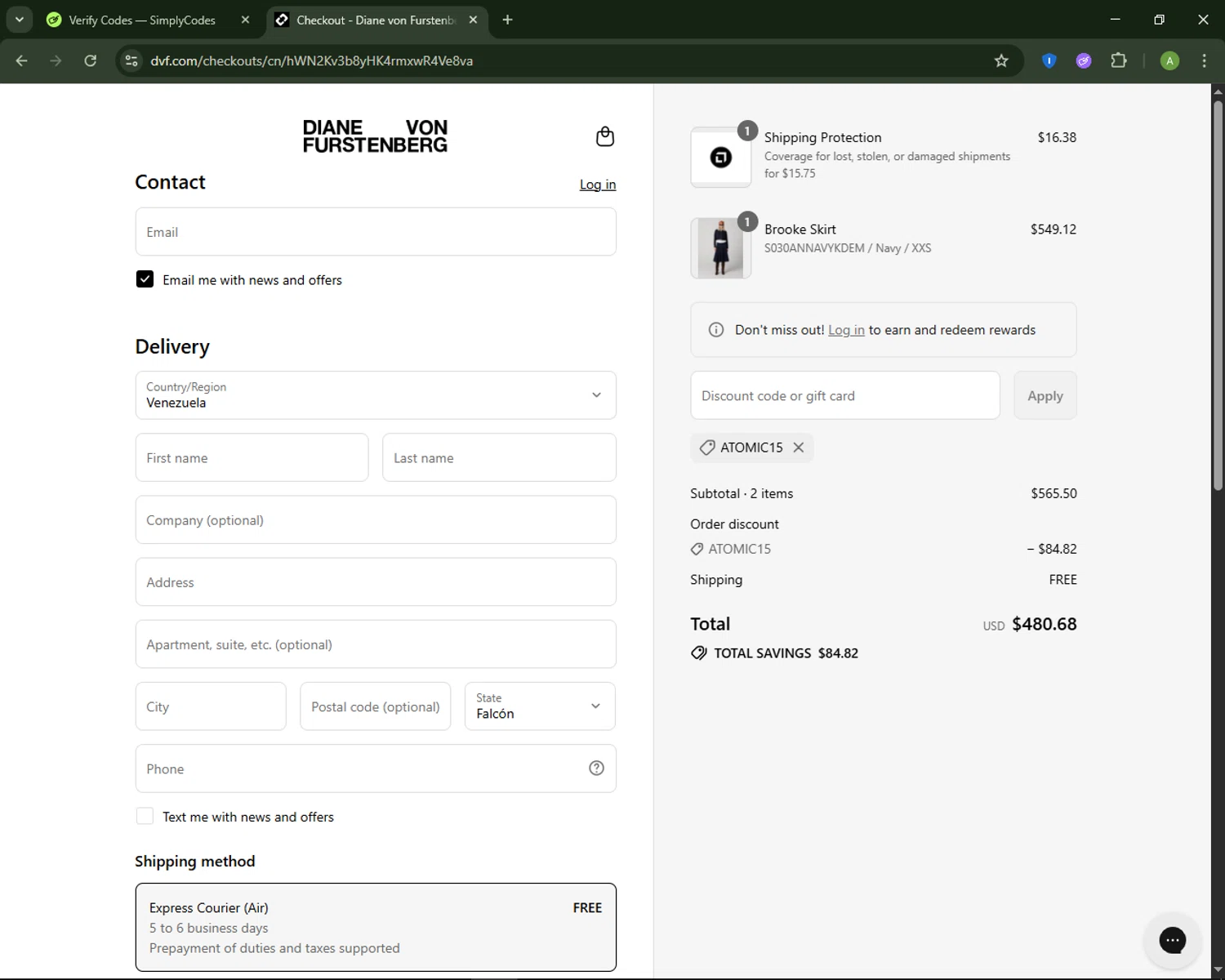 DVF coupon code screenshot showing code ATOMIC15 applied at DVF checkout page. Uploaded by SimplyCodes community member MagnificentSaver708 on Aug 28, 2025