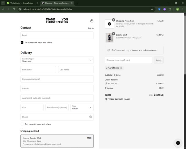 DVF checkout page showing DVF coupon code box | Screenshot taken by SimplyCodes community member on Aug 28, 2025