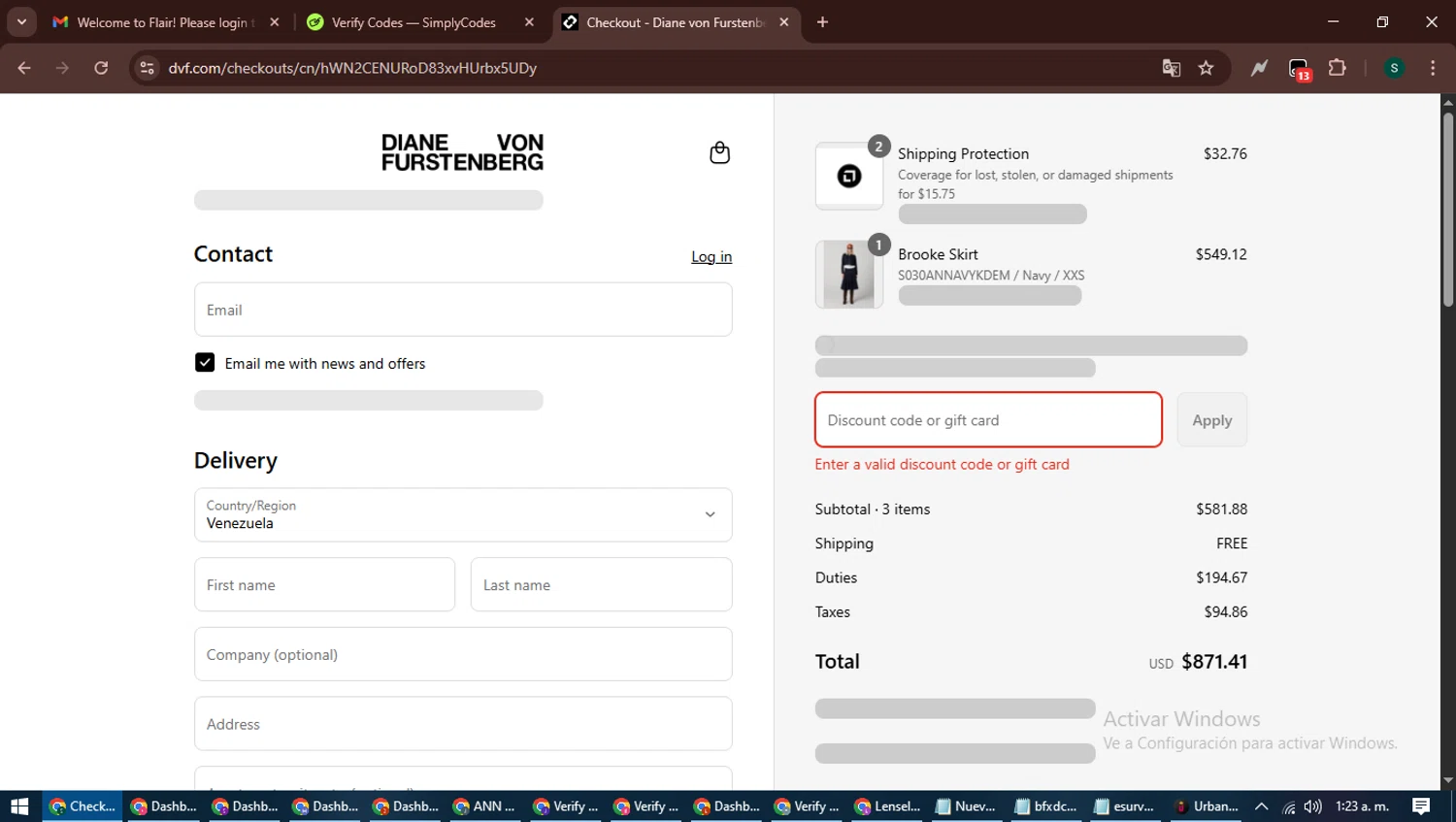 DVF coupon code screenshot showing code WEEKENDSPECIALS applied at DVF checkout page. Uploaded by SimplyCodes community member ShrewdAce7935 on Aug 25, 2025