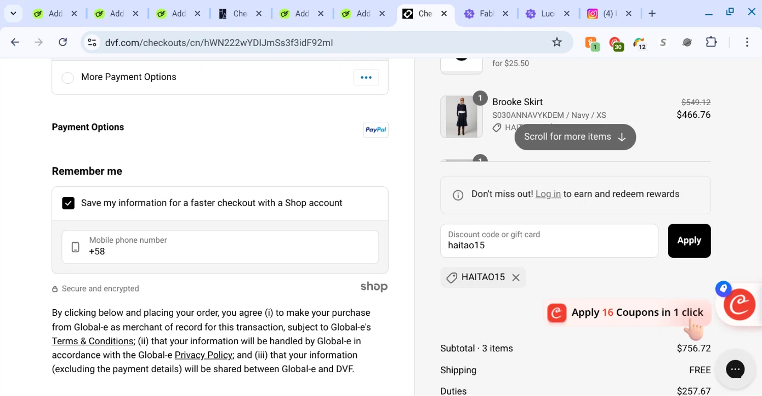 DVF coupon code screenshot showing code haitao15 applied at DVF checkout page. Uploaded by SimplyCodes community member KarinaHZ on Aug 20, 2025
