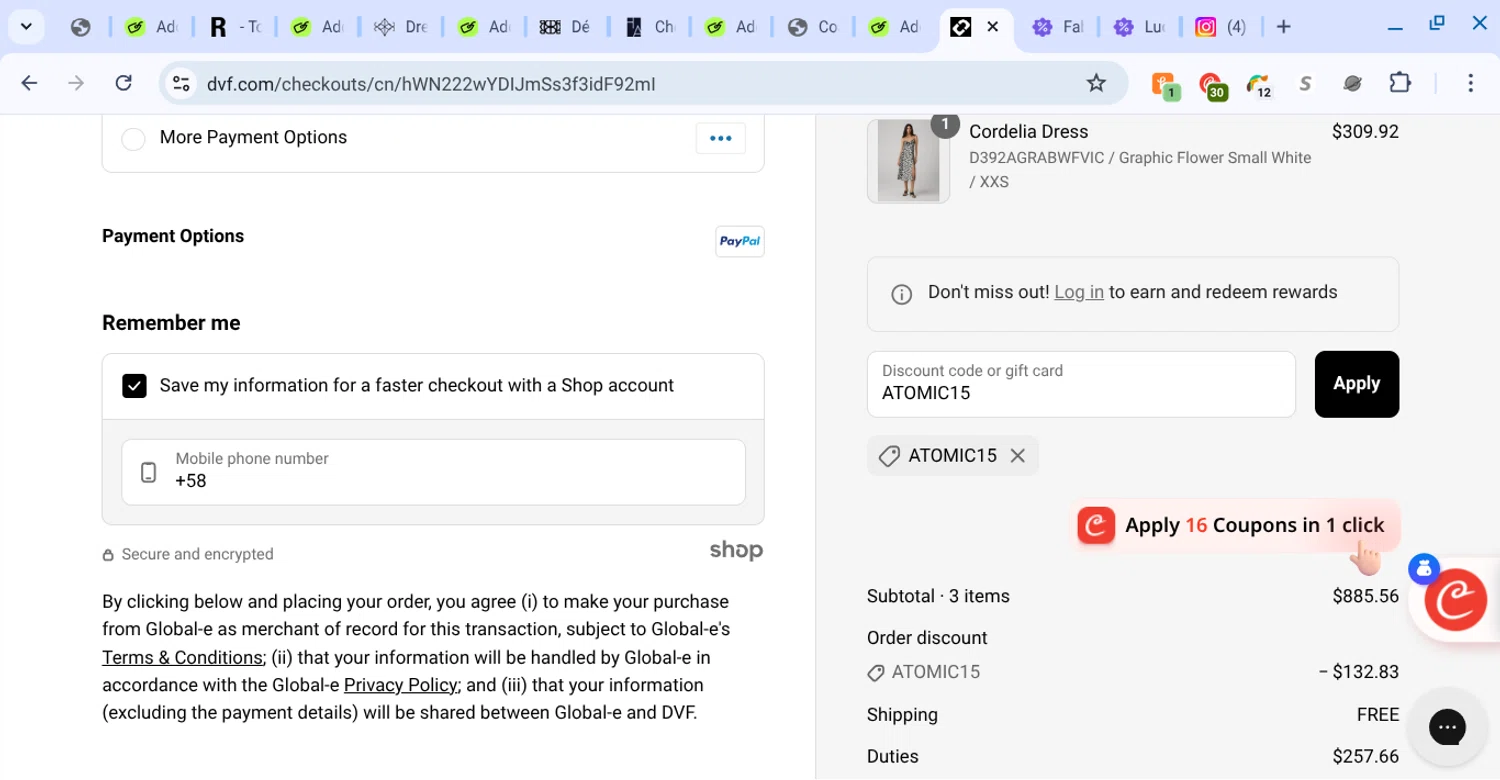 DVF coupon code screenshot showing code ATOMIC15 applied at DVF checkout page. Uploaded by SimplyCodes community member KarinaHZ on Aug 20, 2025