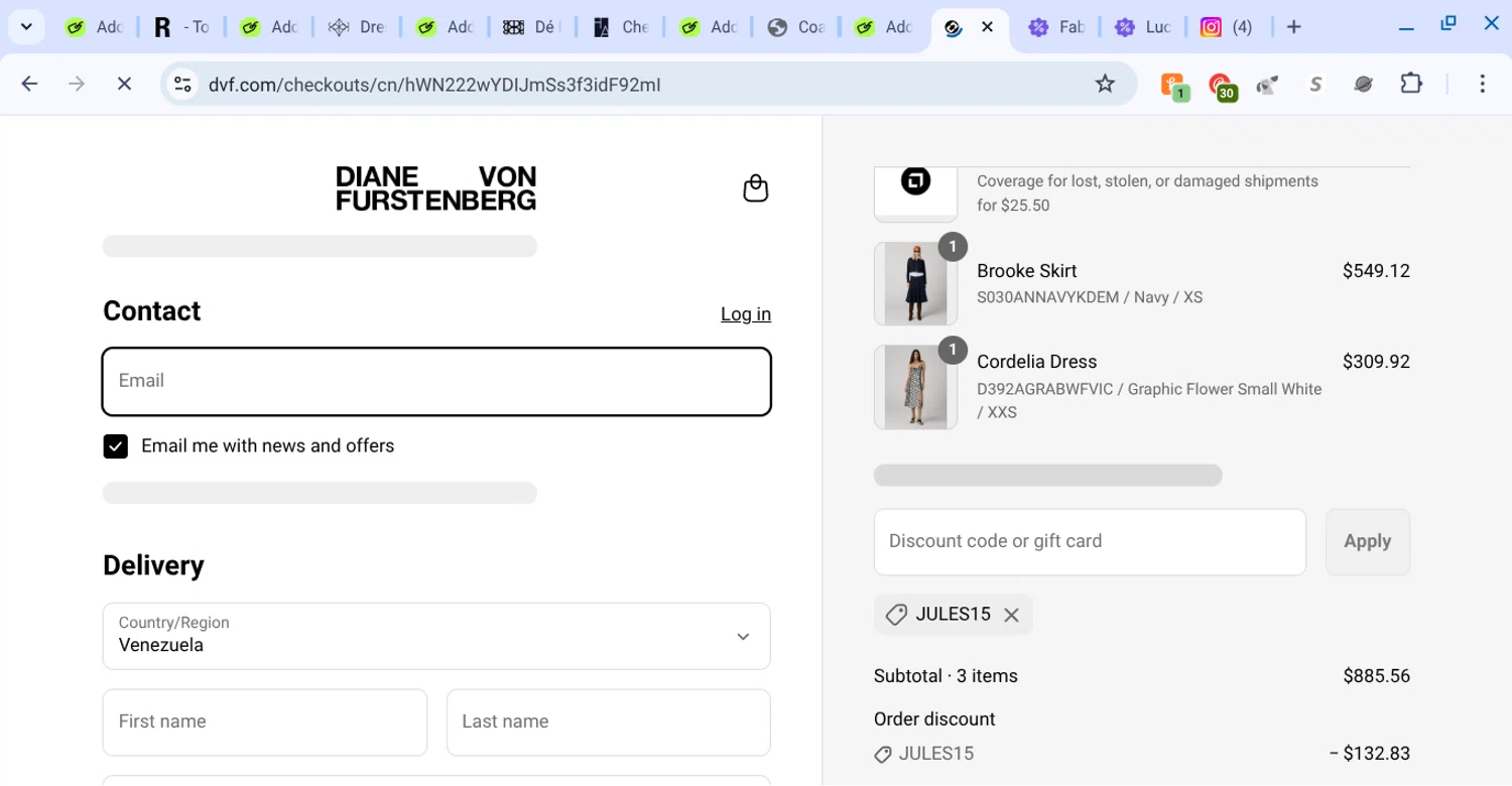 DVF coupon code screenshot showing code jules15 applied at DVF checkout page. Uploaded by SimplyCodes community member KarinaHZ on Aug 20, 2025