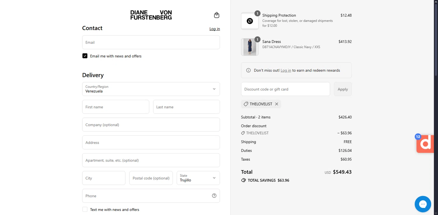 DVF coupon code screenshot showing code THELOVELIST applied at DVF checkout page. Uploaded by SimplyCodes community member Serdanvz on Aug 19, 2025