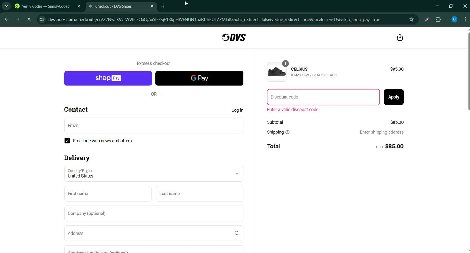 DVS Shoes coupon code screenshot showing code GWPSPRING18 applied at DVS Shoes checkout page. Uploaded by SimplyCodes community member CodeScholar4340 on Mar 28, 2025
