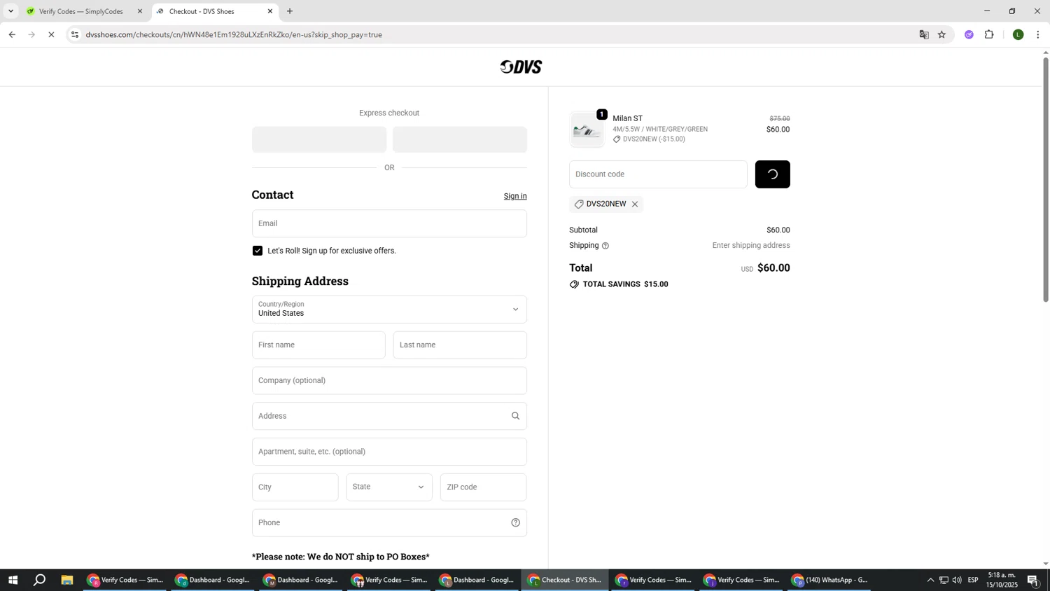 DVS Shoes coupon code screenshot showing code DVS20NEW applied at DVS Shoes checkout page. Uploaded by SimplyCodes community member DUCATI on Oct 15, 2025